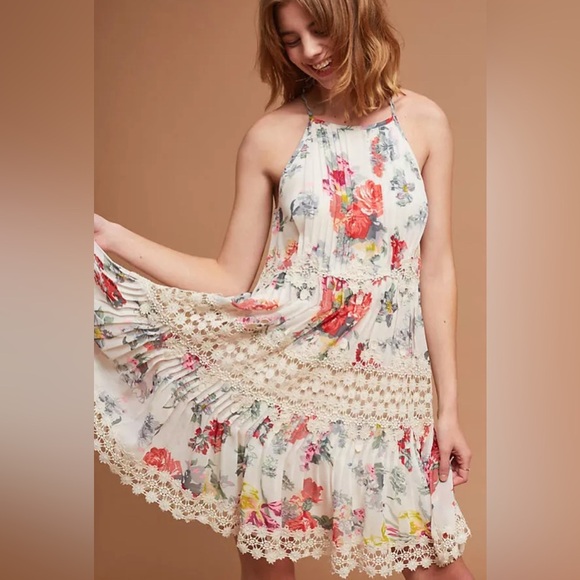 Anthropologie Ranna Gill Kalila Floral Crochet Trim Swing Dress Shift Boho Small - Picture 1 of 9